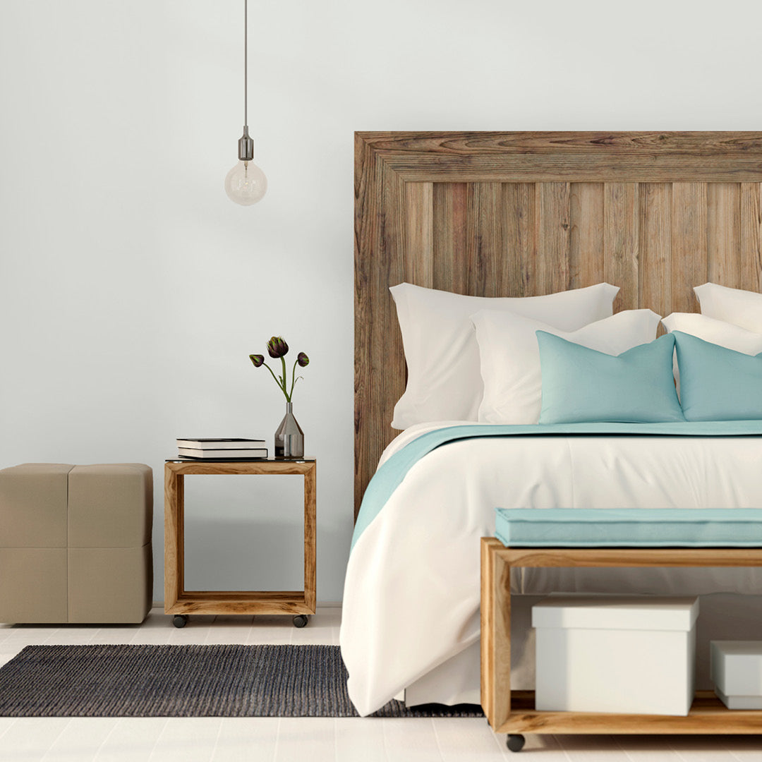 A bedroom decorated with Winter's Morning, a cool grey paint from Zhoosh Paints.