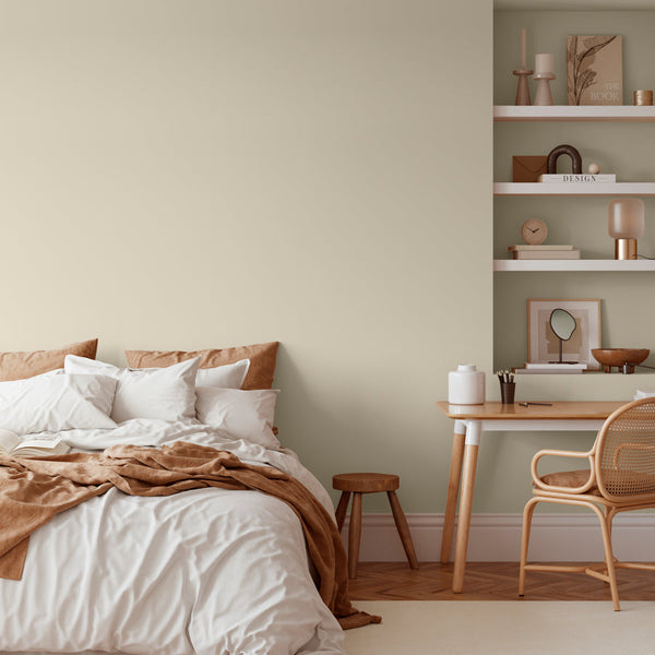 Cosy bedroom decorated in Morning Porridge, a dark beige paint from Zhoosh.