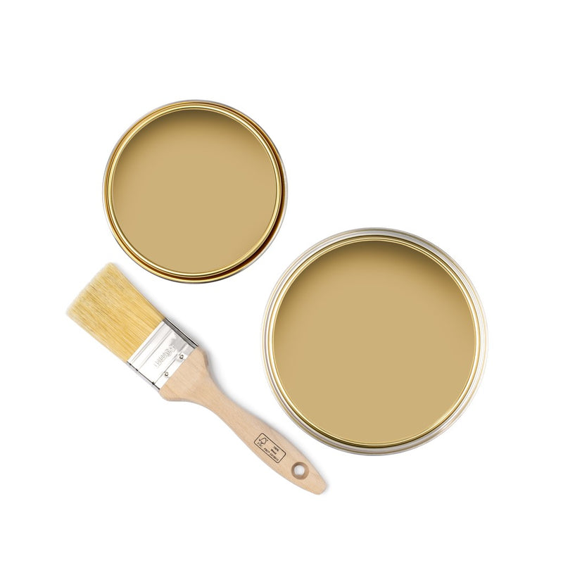 Tins of Rhythmic Yellow paint with a brush