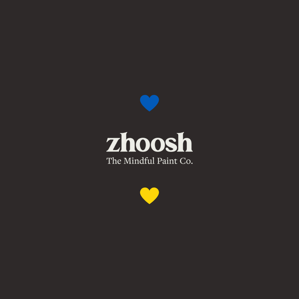 Zhoosh paint logo with hearts in the Ukrainian colours