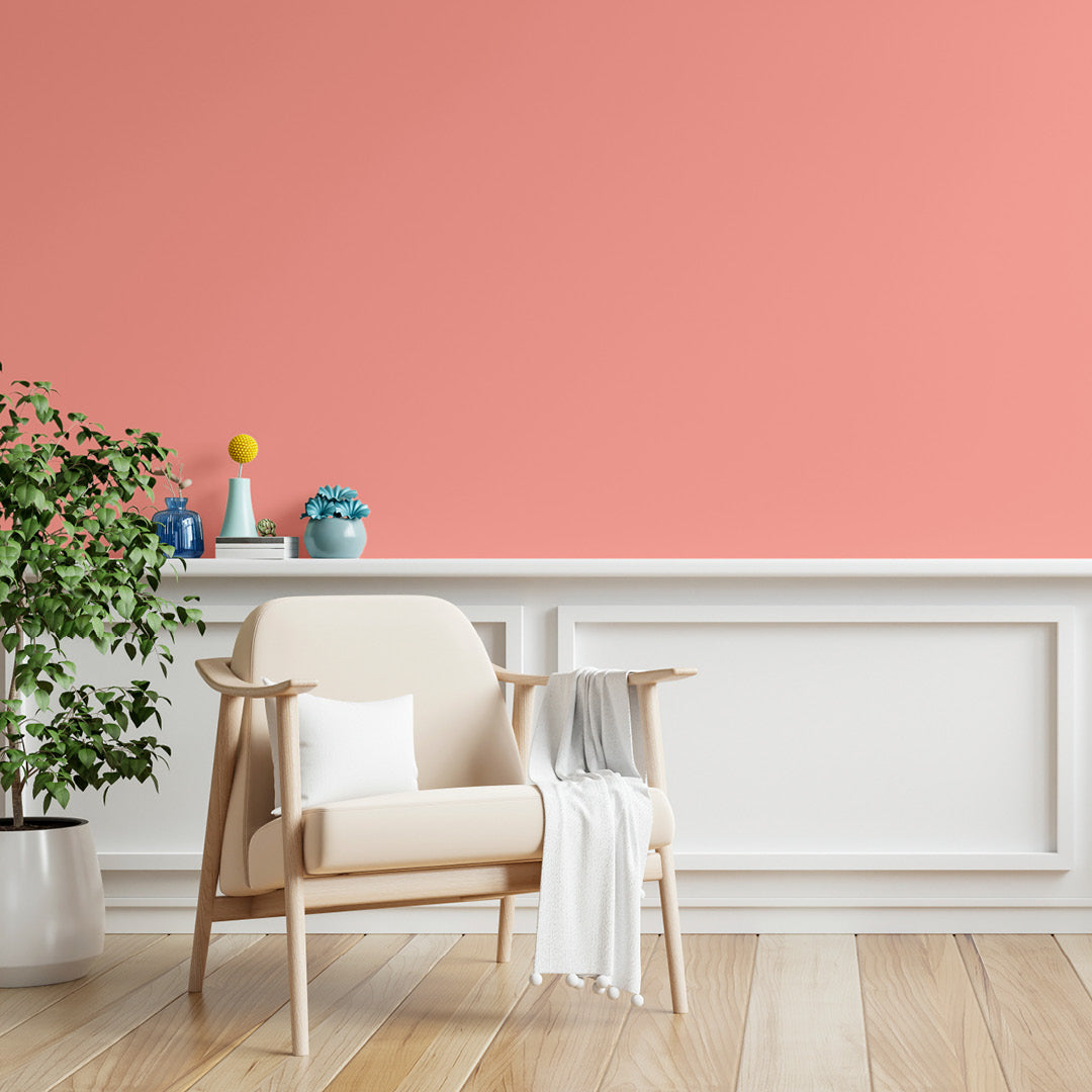 Bright and airy living room decorated in Jaipur, a hot pink paint from Zhoosh.