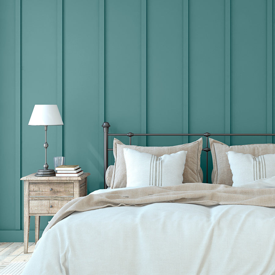 Clean, modern bedroom decorated in Mirror Lake, a turquoise paint colour for walls from Zhoosh.