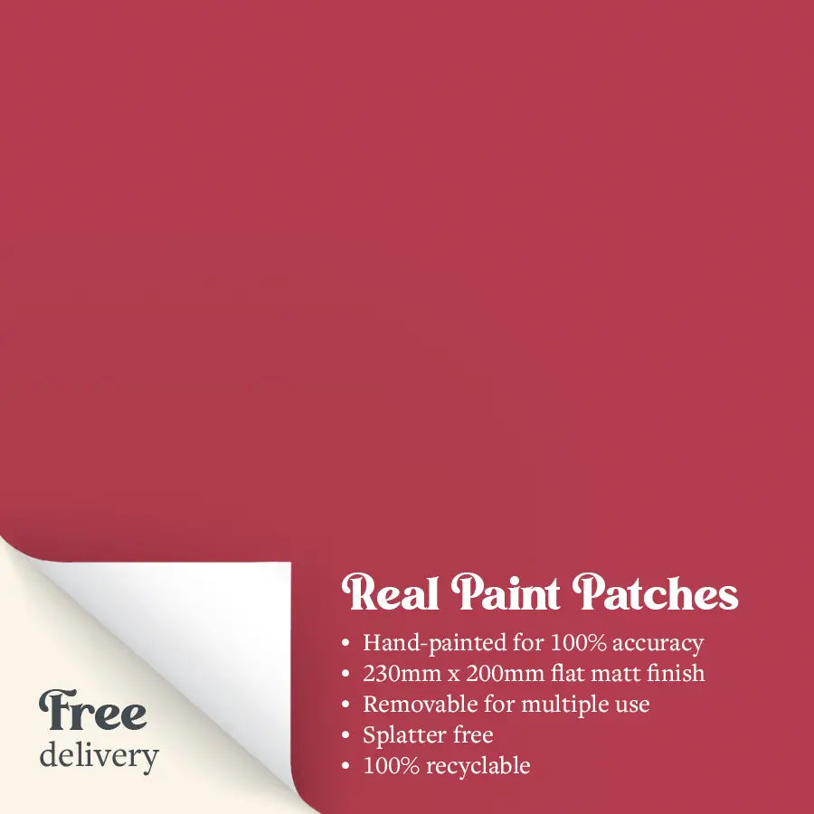 A Real Paint Patch of Zhoosh Paints' Moroccan Market red paint, with text outlining the benefits.