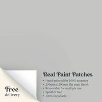 A Real Paint Patch of Zhoosh Paints' Rolling Pebbles grey paint, with text outlining the benefits.