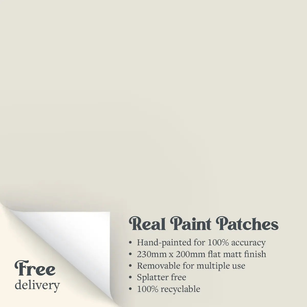 A Real Paint Patch of Zhoosh Paints' Sandy Toes beige paint, with text outlining the benefits.