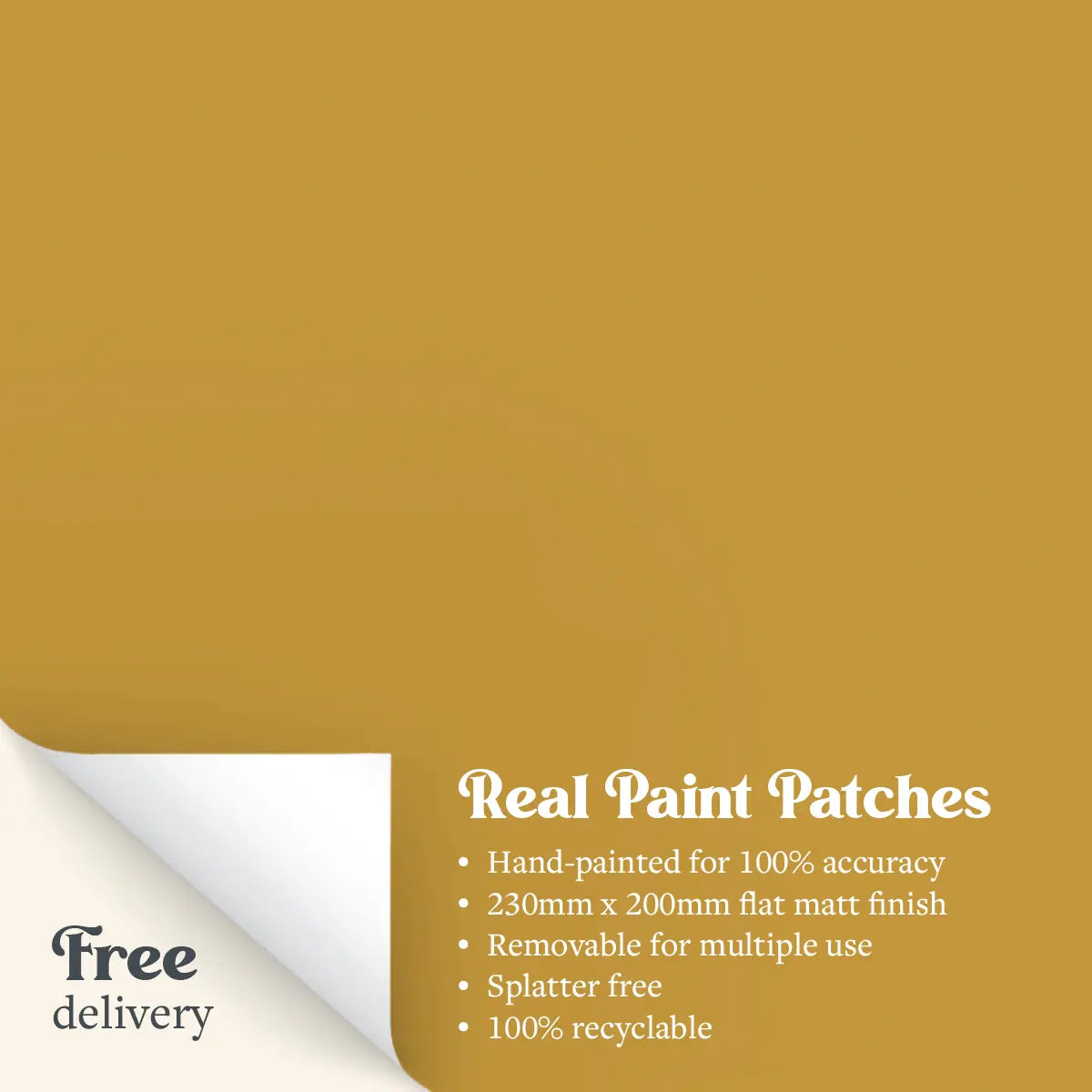A Real Paint Patch of Zhoosh Paints' Sundowner yellow paint, with text outlining the benefits